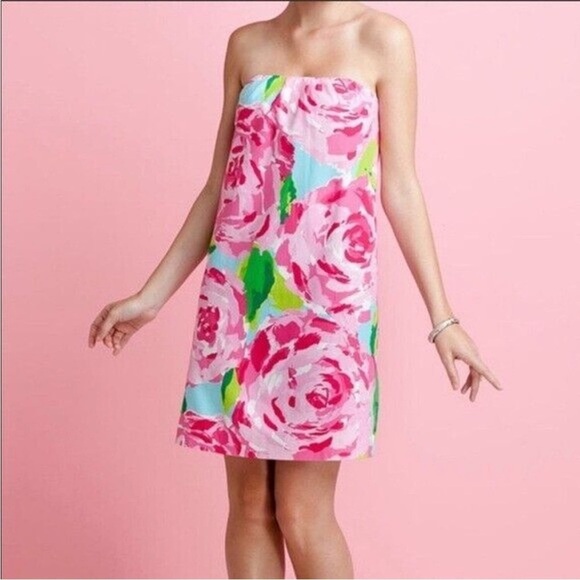 Lilly Pulitzer Keetan Dress First Impressions Pink Roses Holy Grail Strapless 0 - Picture 1 of 14
